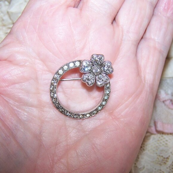 Sterling Silver Rhinestone Pin Brooch - Eternity Circle with Flower - Picture 3 of 8